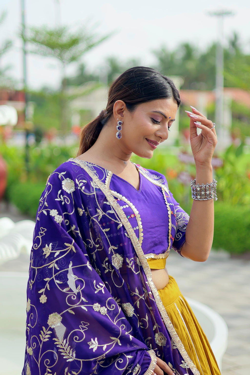 Mustard Yellow & Royal Purple Pure Cotton Embroidered Lehenga Choli with Dupatta