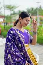 Mustard Yellow & Royal Purple Pure Cotton Embroidered Lehenga Choli with Dupatta