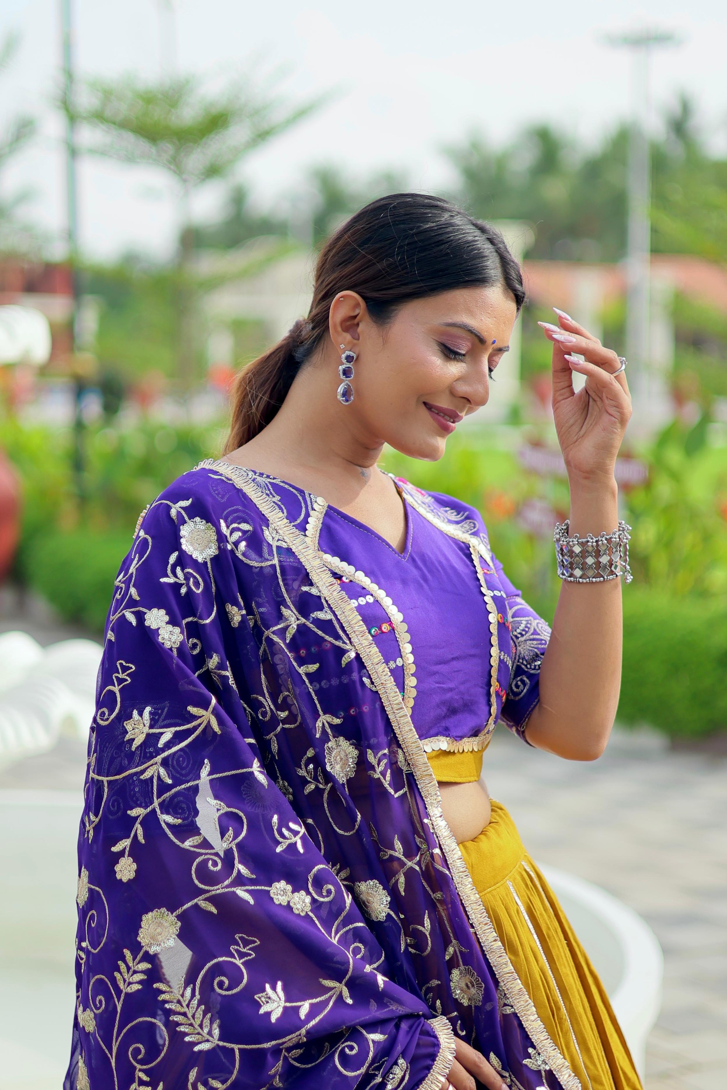 Mustard Yellow & Royal Purple Pure Cotton Embroidered Lehenga Choli with Dupatta