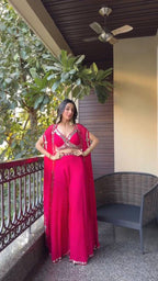 Pink Georgette Mirror Work Crop Top Set With Shrug