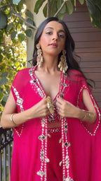 Pink Georgette Mirror Work Crop Top Set With Shrug