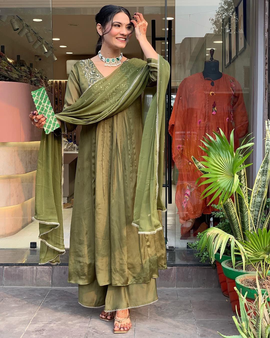 Chinon Green Embroidered Anarkali Set