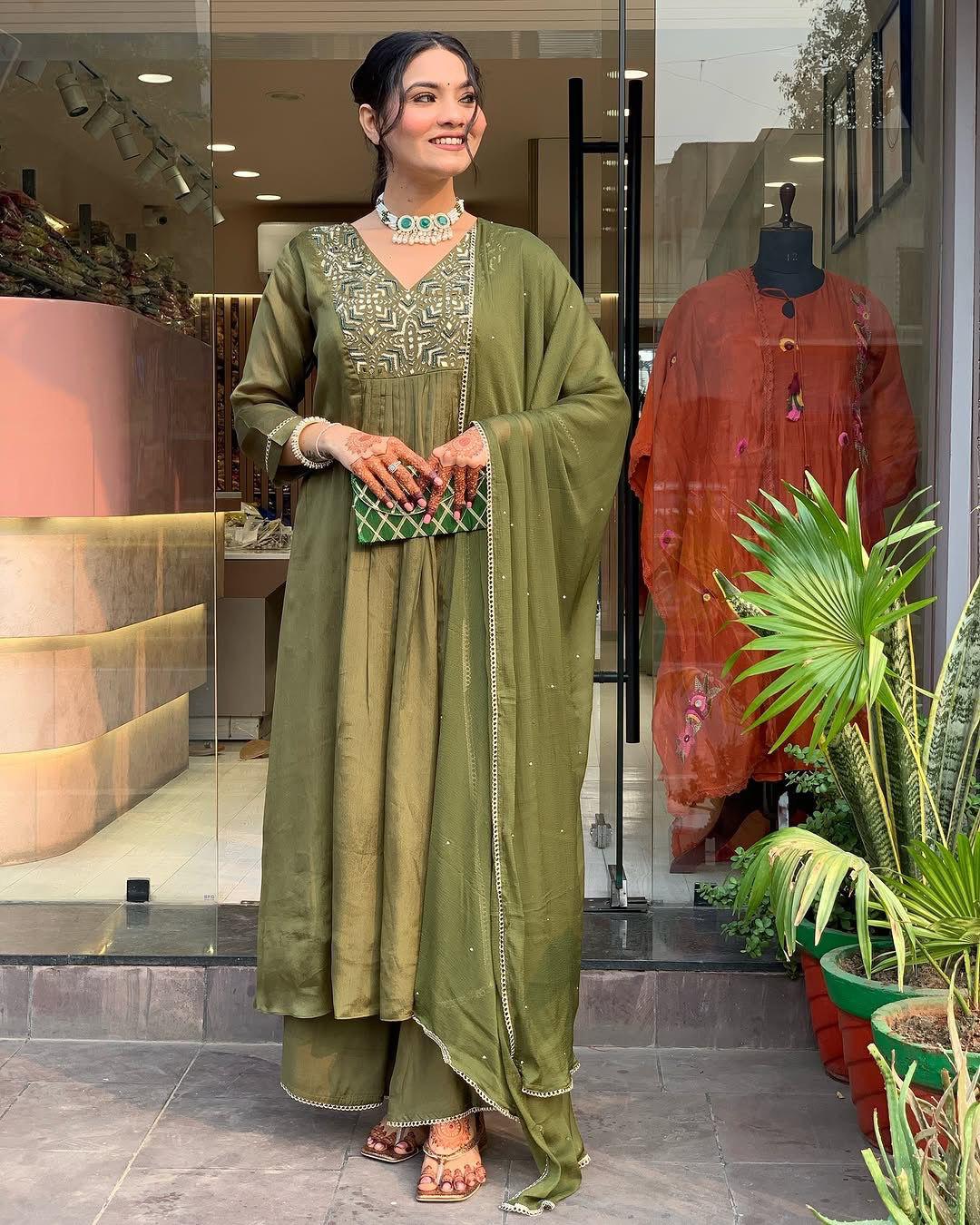 Chinon Green Embroidered Anarkali Set