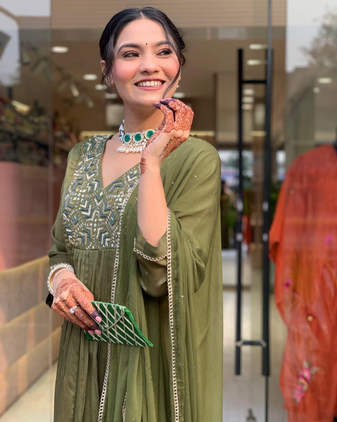 Chinon Green Embroidered Anarkali Set