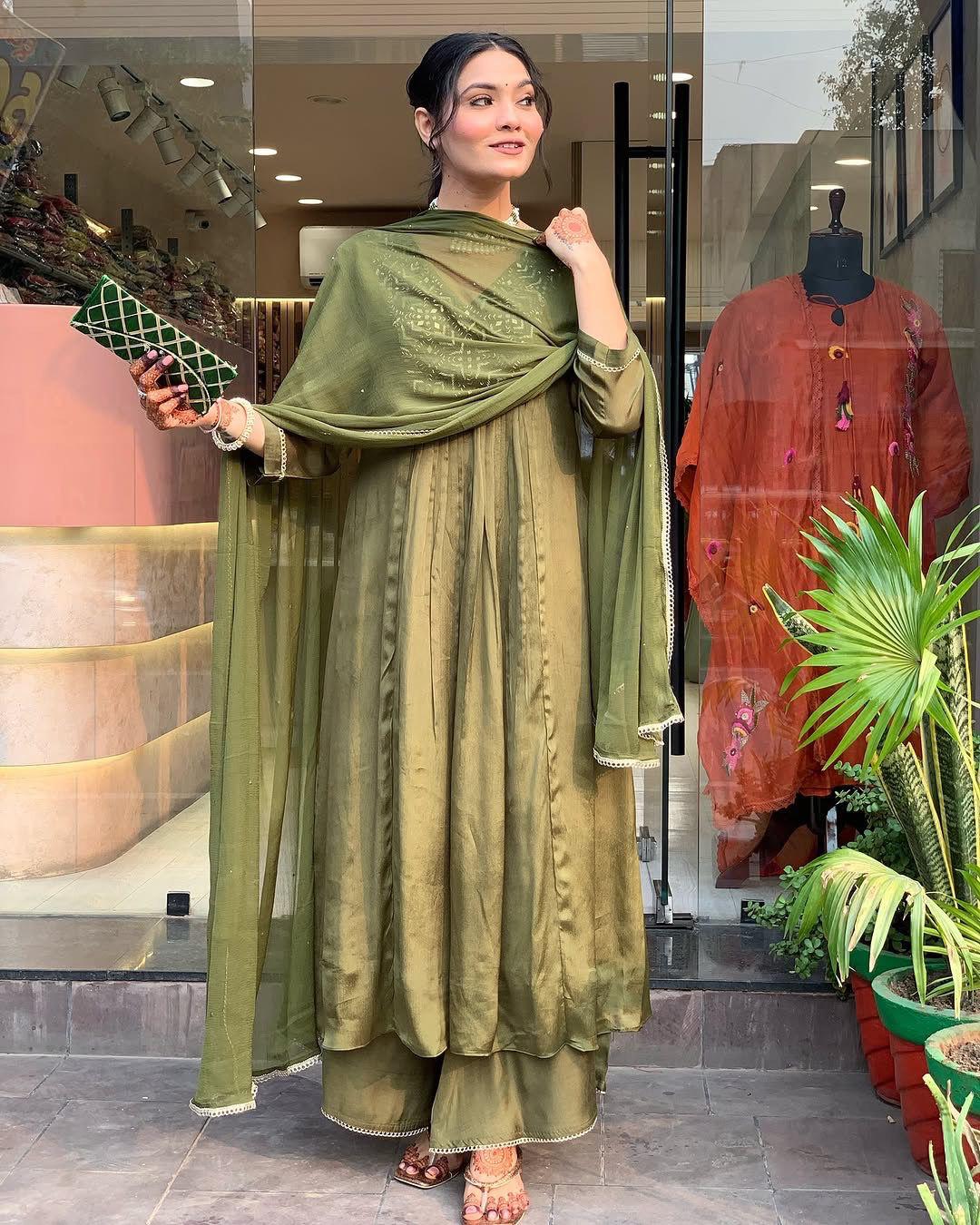 Chinon Green Embroidered Anarkali Set