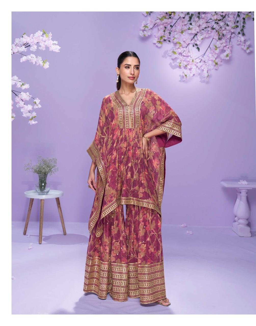 Pinkish Red Georgette Embroidered Kaftan Sharara Suit