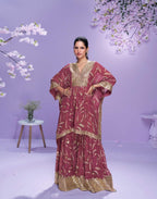 Pinkish Red Georgette Embroidered Kaftan Sharara Suit