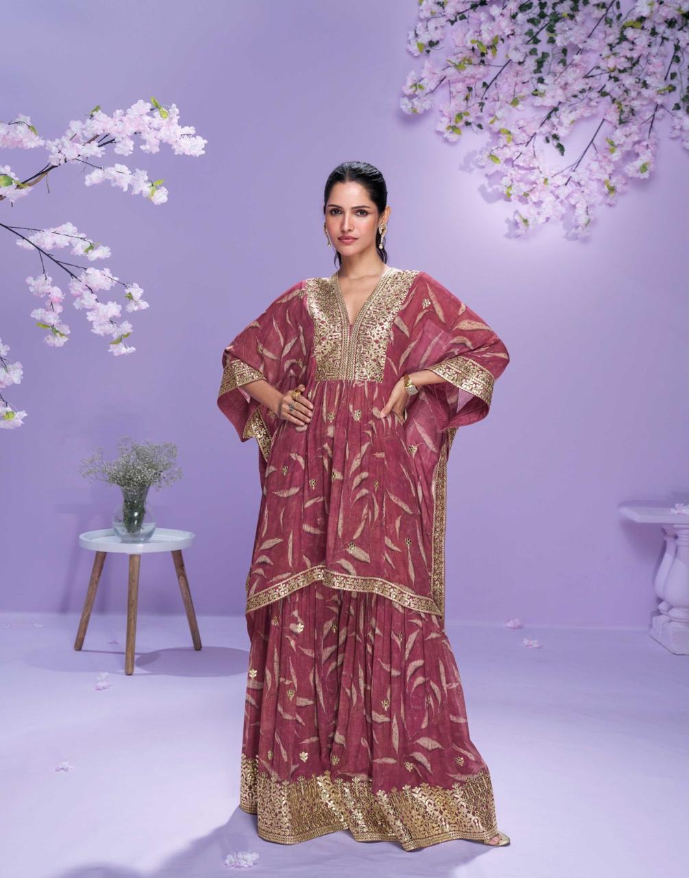Pinkish Red Georgette Embroidered Kaftan Sharara Suit