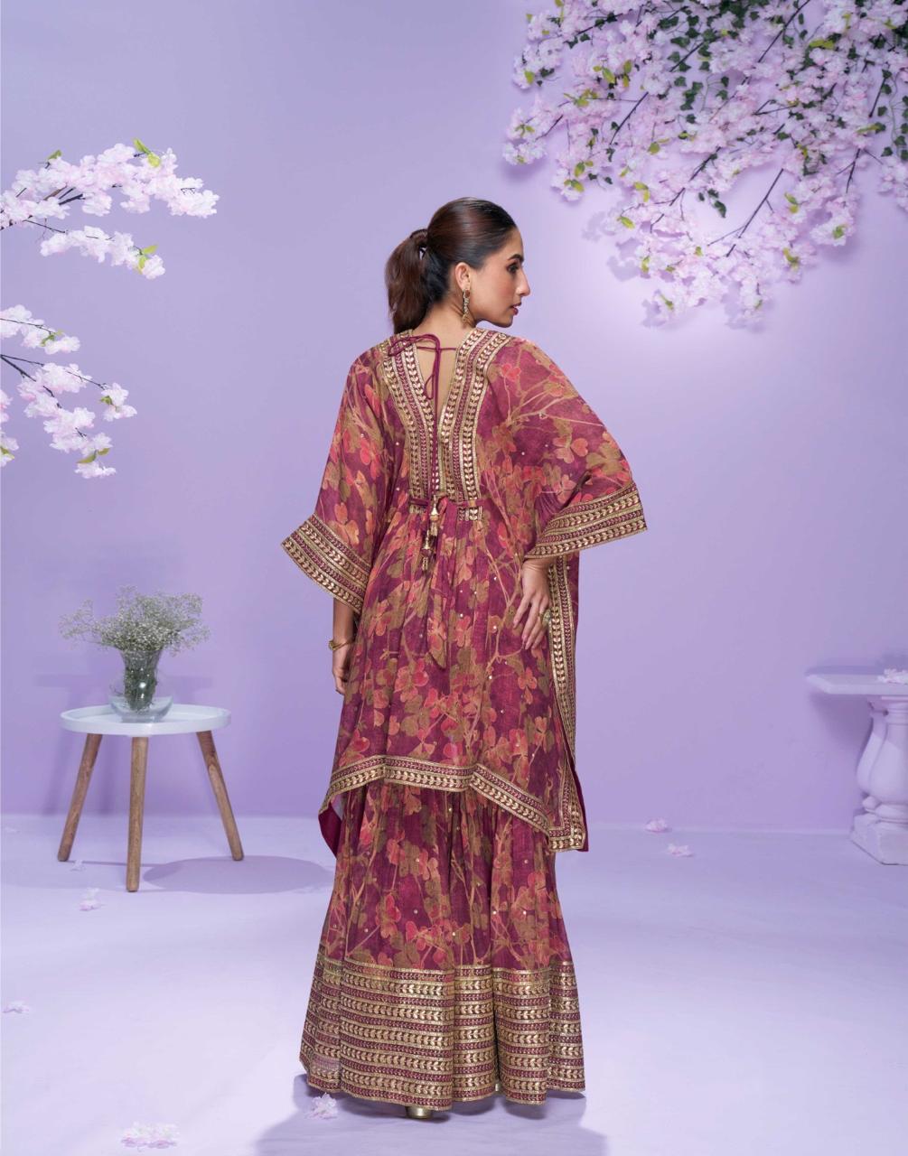 Pinkish Red Georgette Embroidered Kaftan Sharara Suit