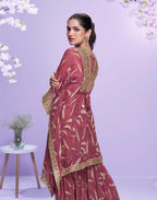 Pinkish Red Georgette Embroidered Kaftan Sharara Suit