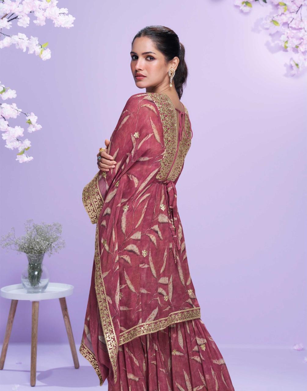 Pinkish Red Georgette Embroidered Kaftan Sharara Suit