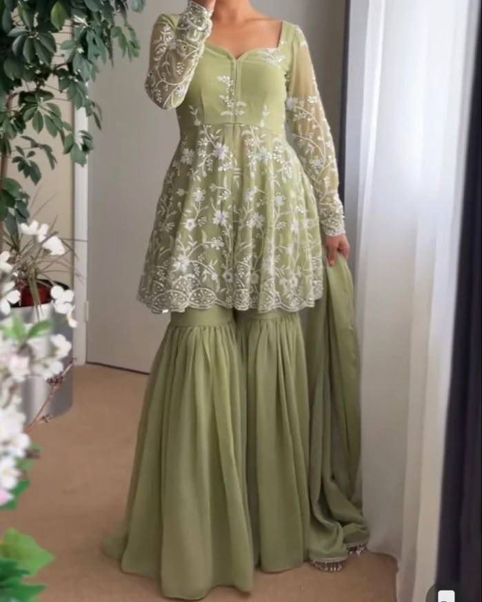 Exclusive Georgette Pastel Green Top And Sharara With Dupatta