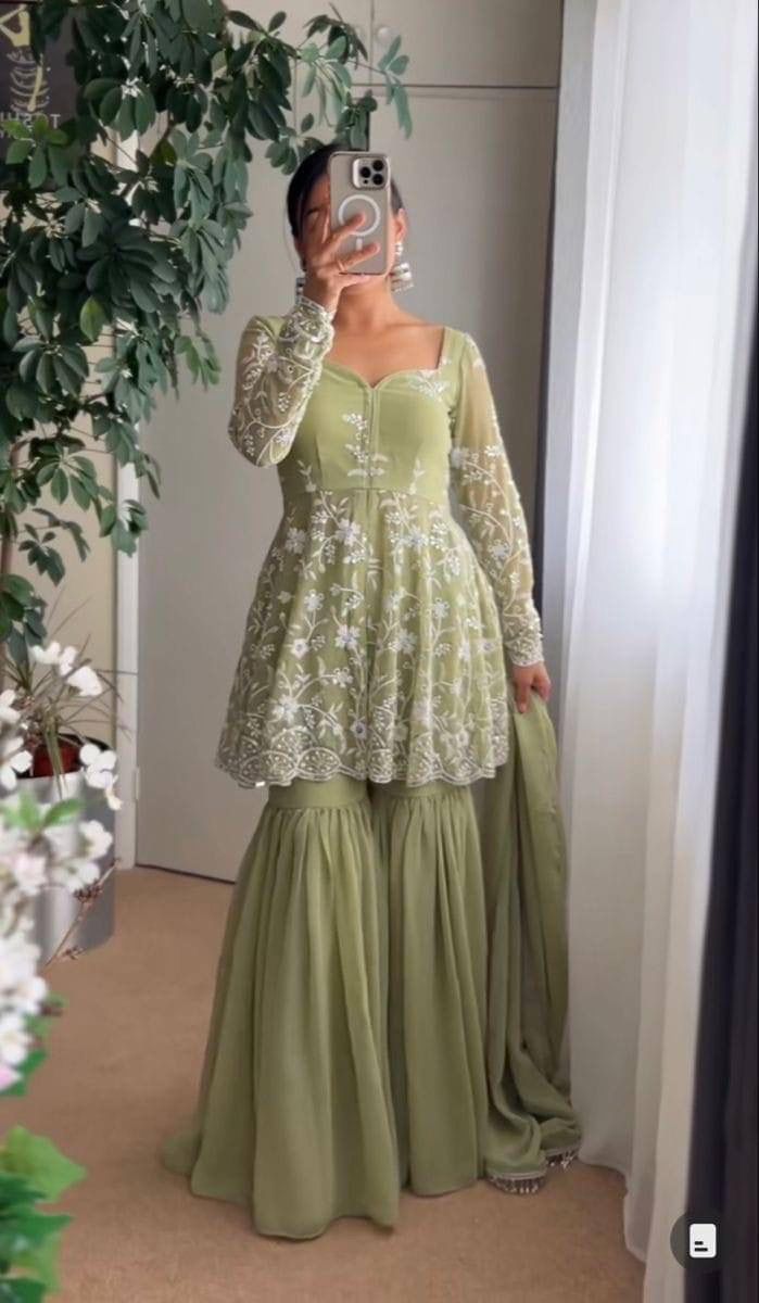 Exclusive Georgette Pastel Green Top And Sharara With Dupatta