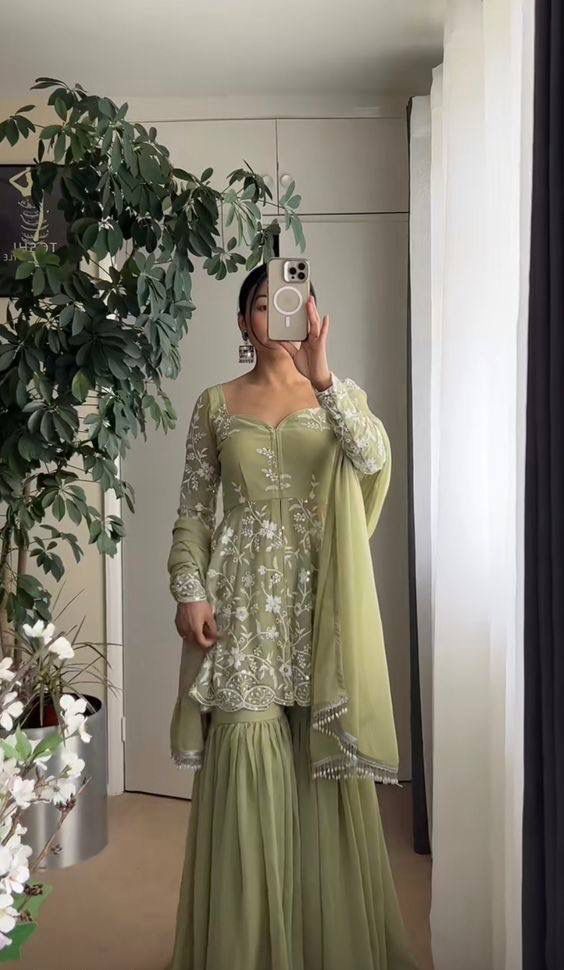 Exclusive Georgette Pastel Green Top And Sharara With Dupatta