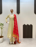 Elegant Chinon Gown Set with Printed Dupatta and Palazzo