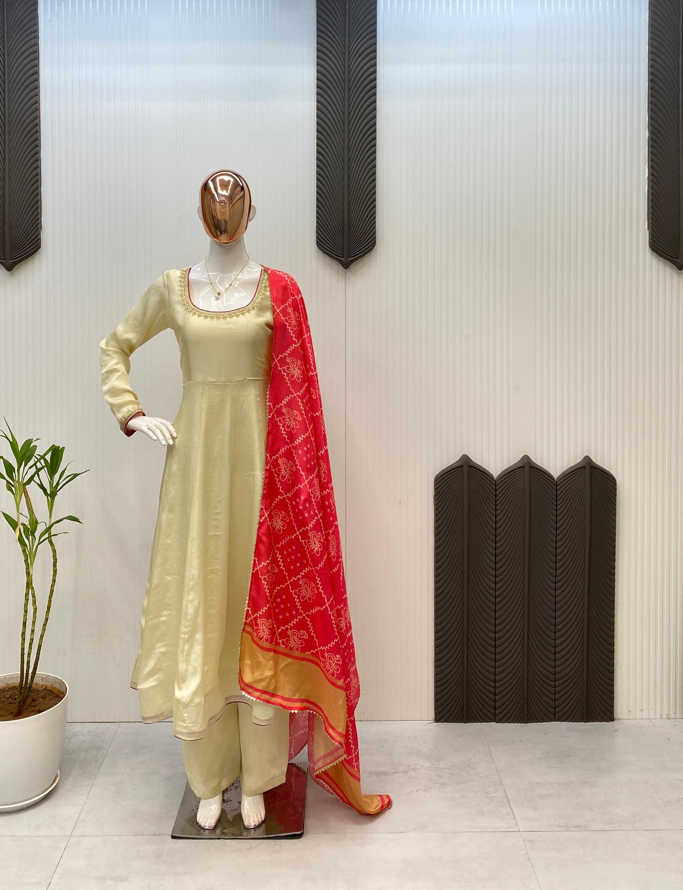 Elegant Chinon Gown Set with Printed Dupatta and Palazzo