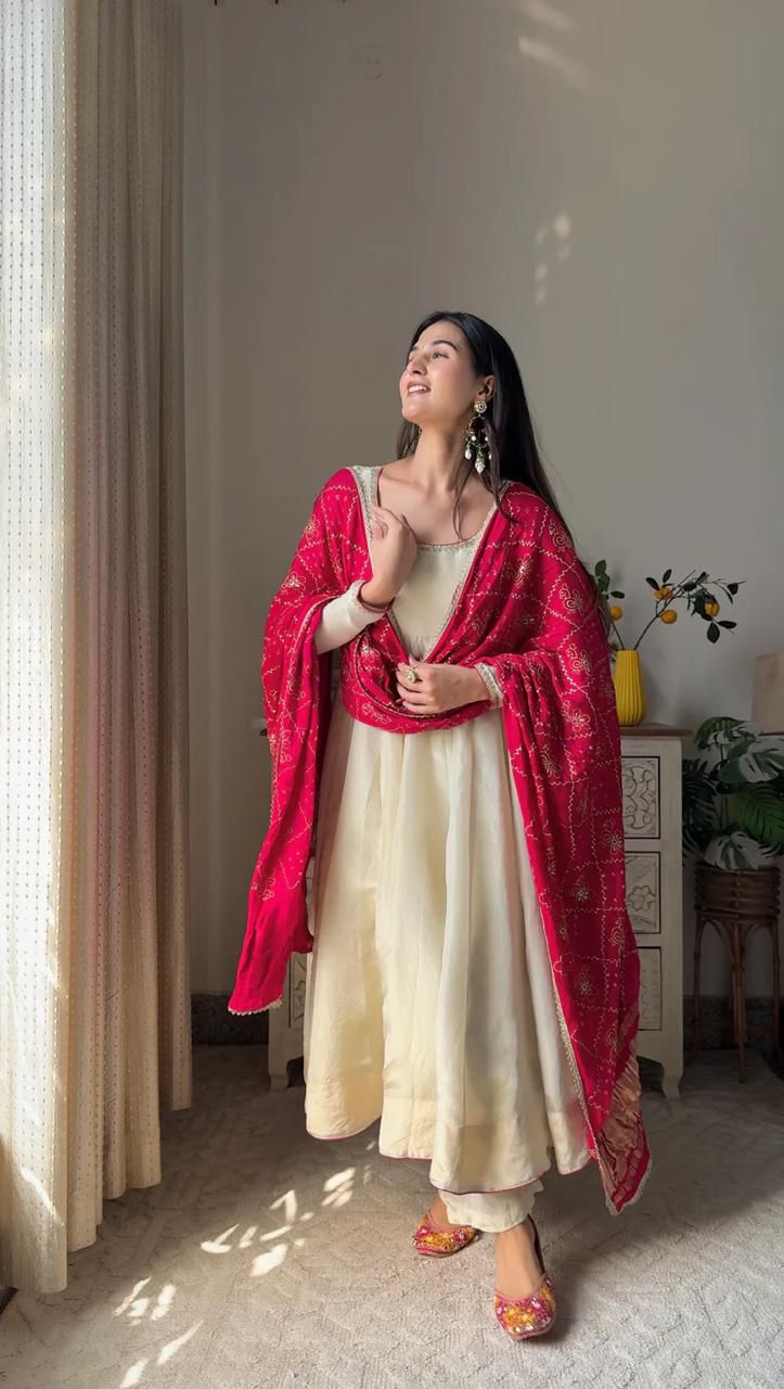 Elegant Chinon Gown Set with Printed Dupatta and Palazzo