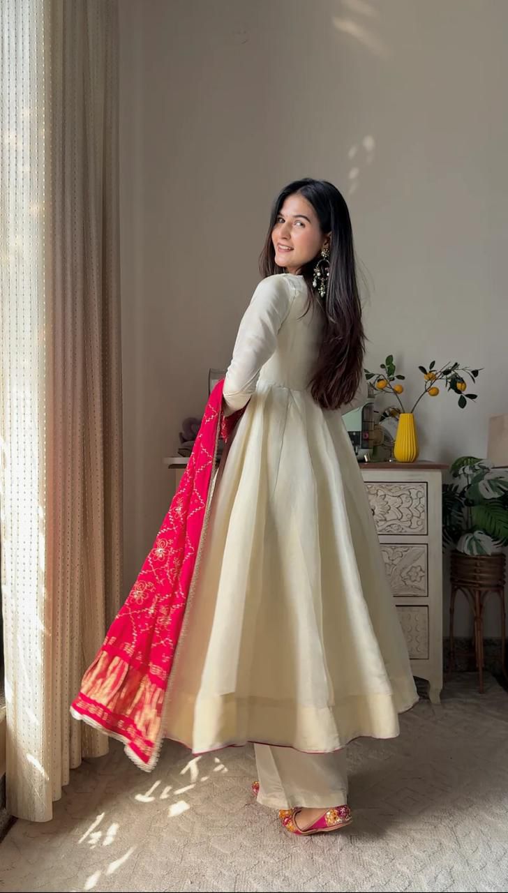 Elegant Chinon Gown Set with Printed Dupatta and Palazzo