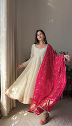 Elegant Chinon Gown Set with Printed Dupatta and Palazzo