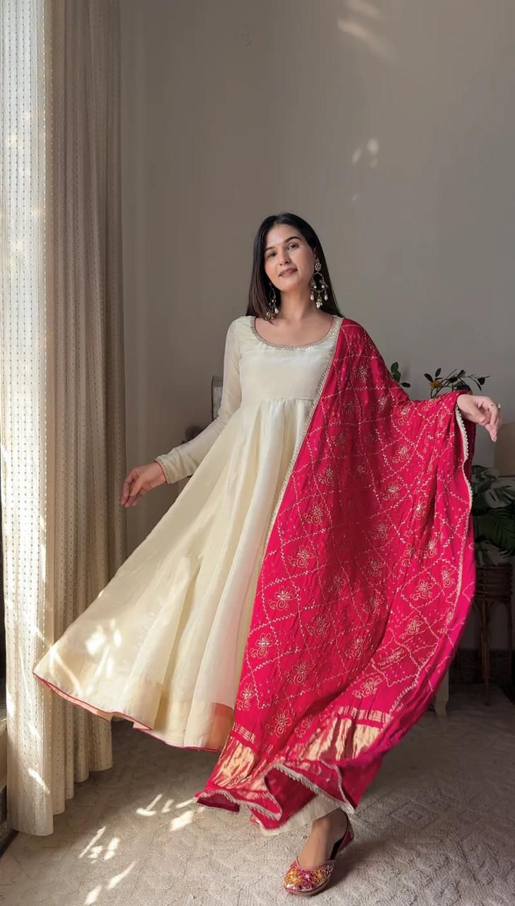 Elegant Chinon Gown Set with Printed Dupatta and Palazzo