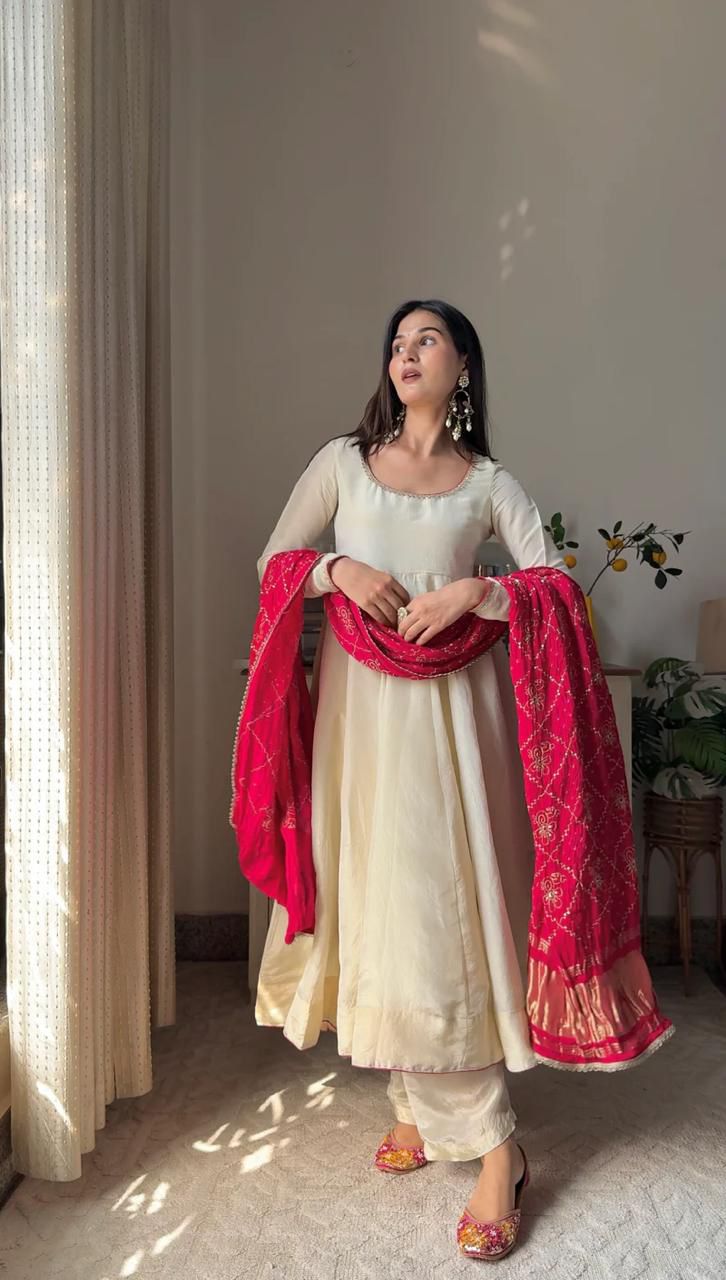 Elegant Chinon Gown Set with Printed Dupatta and Palazzo