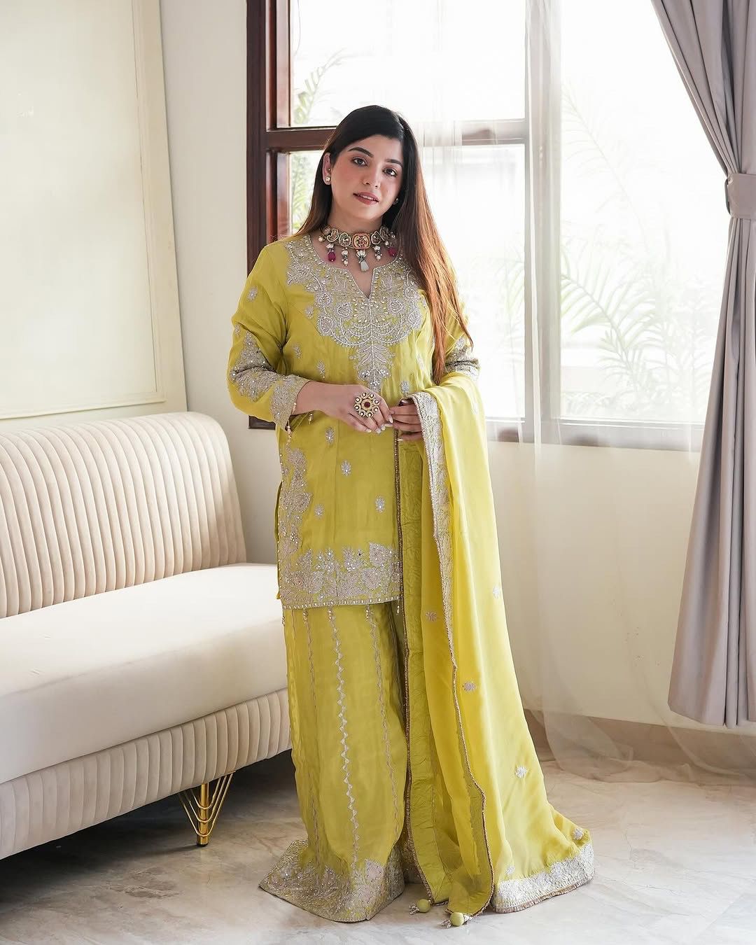 Heavy Chinon Silk Top with Gharara & Dupatta