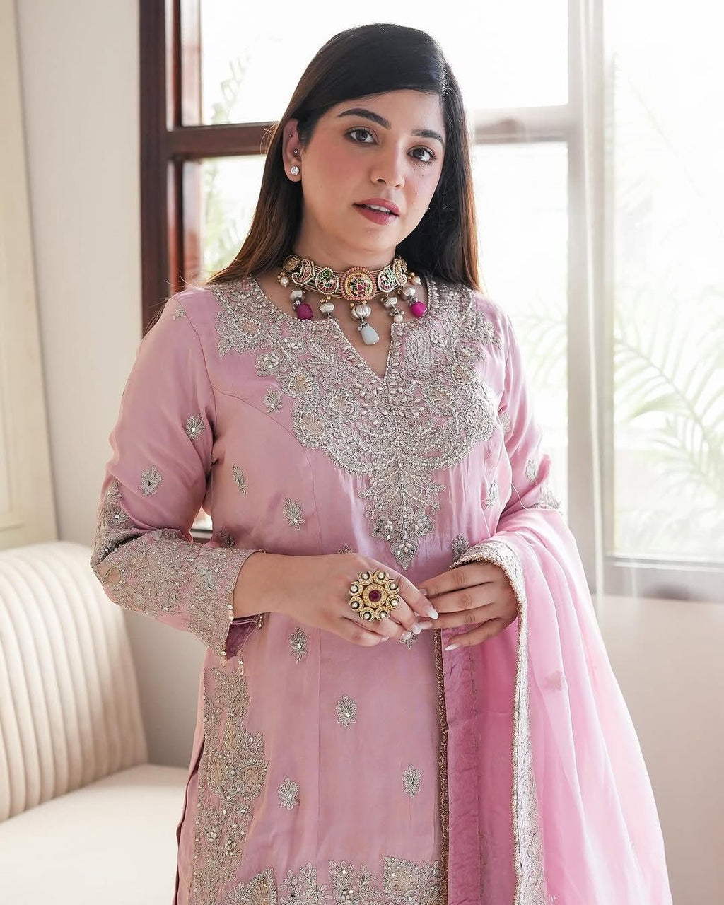 Heavy Chinon Silk Top with Gharara & Dupatta