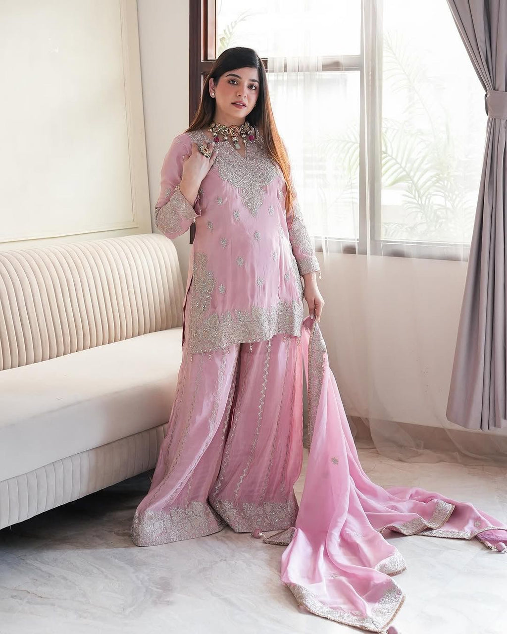 Heavy Chinon Silk Top with Gharara & Dupatta