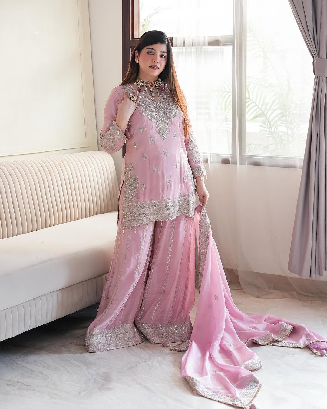 Heavy Chinon Silk Top with Gharara & Dupatta