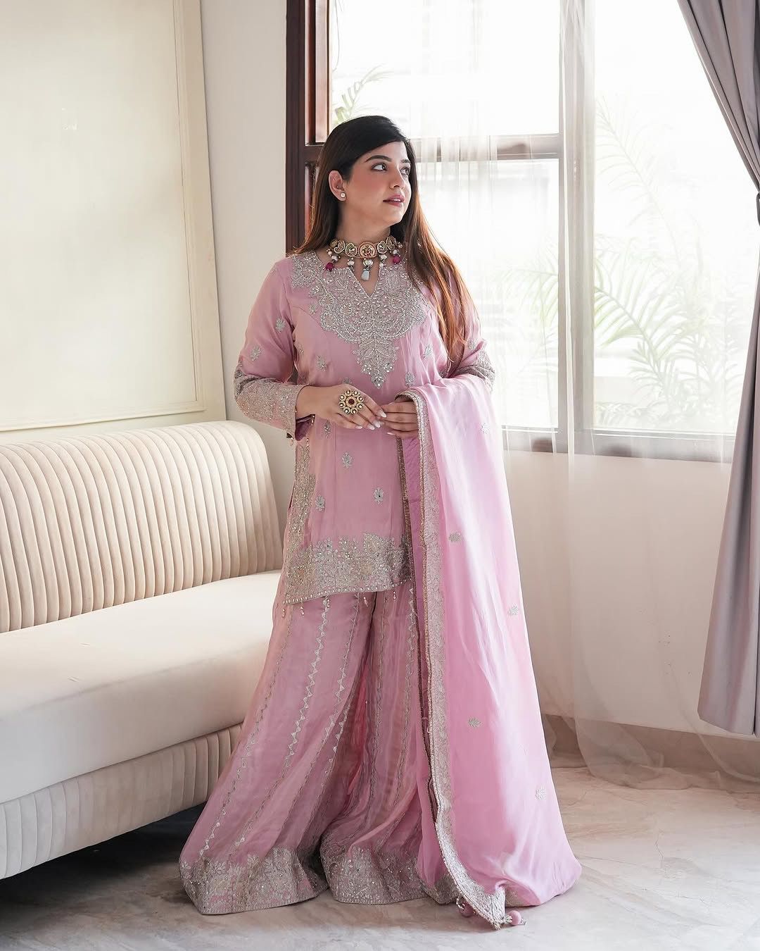 Heavy Chinon Silk Top with Gharara & Dupatta