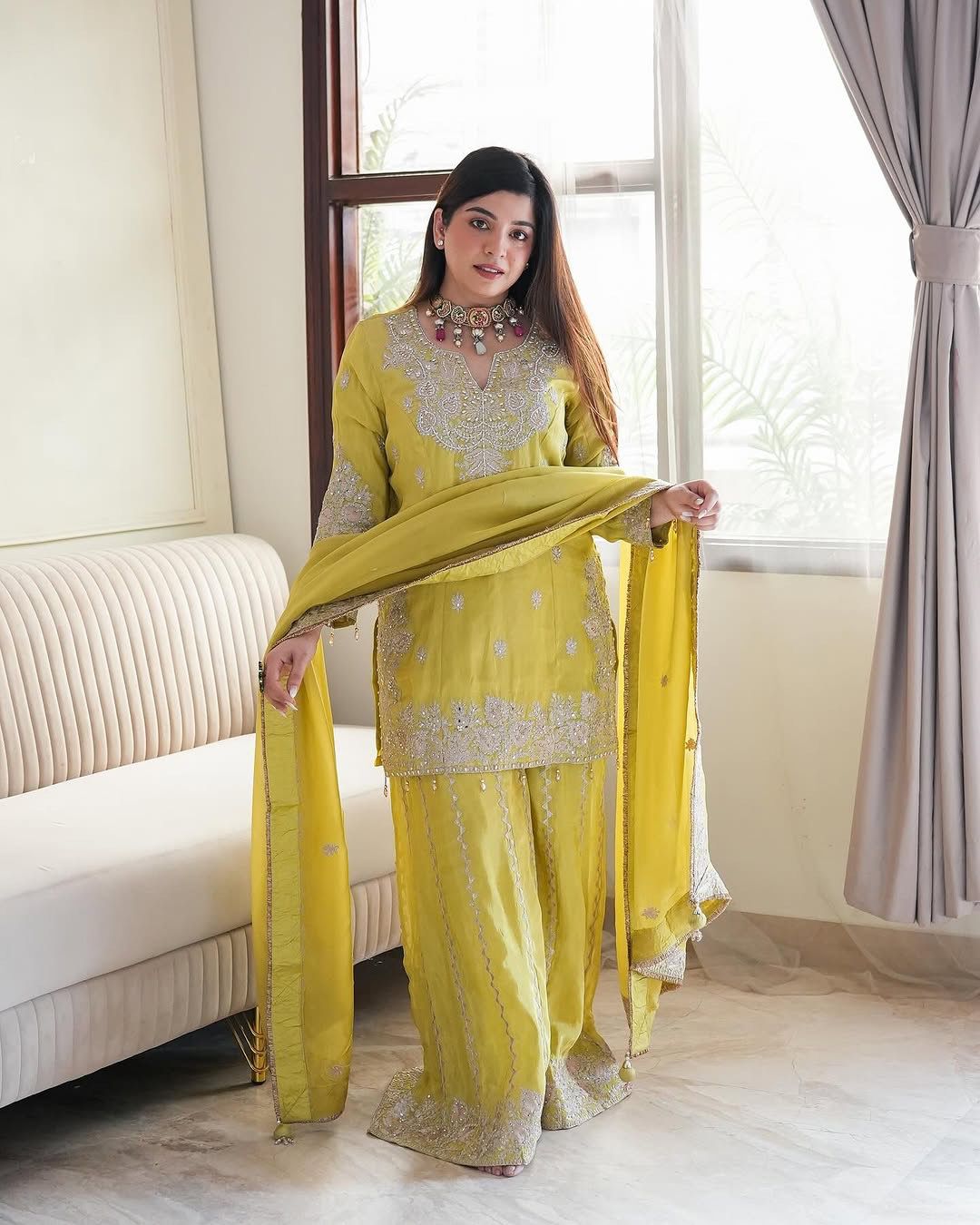 Heavy Chinon Silk Top with Gharara & Dupatta