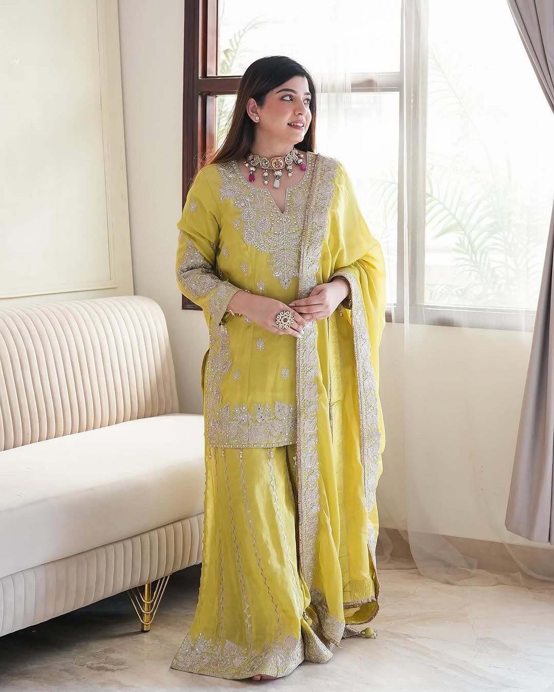 Heavy Chinon Silk Top with Gharara & Dupatta