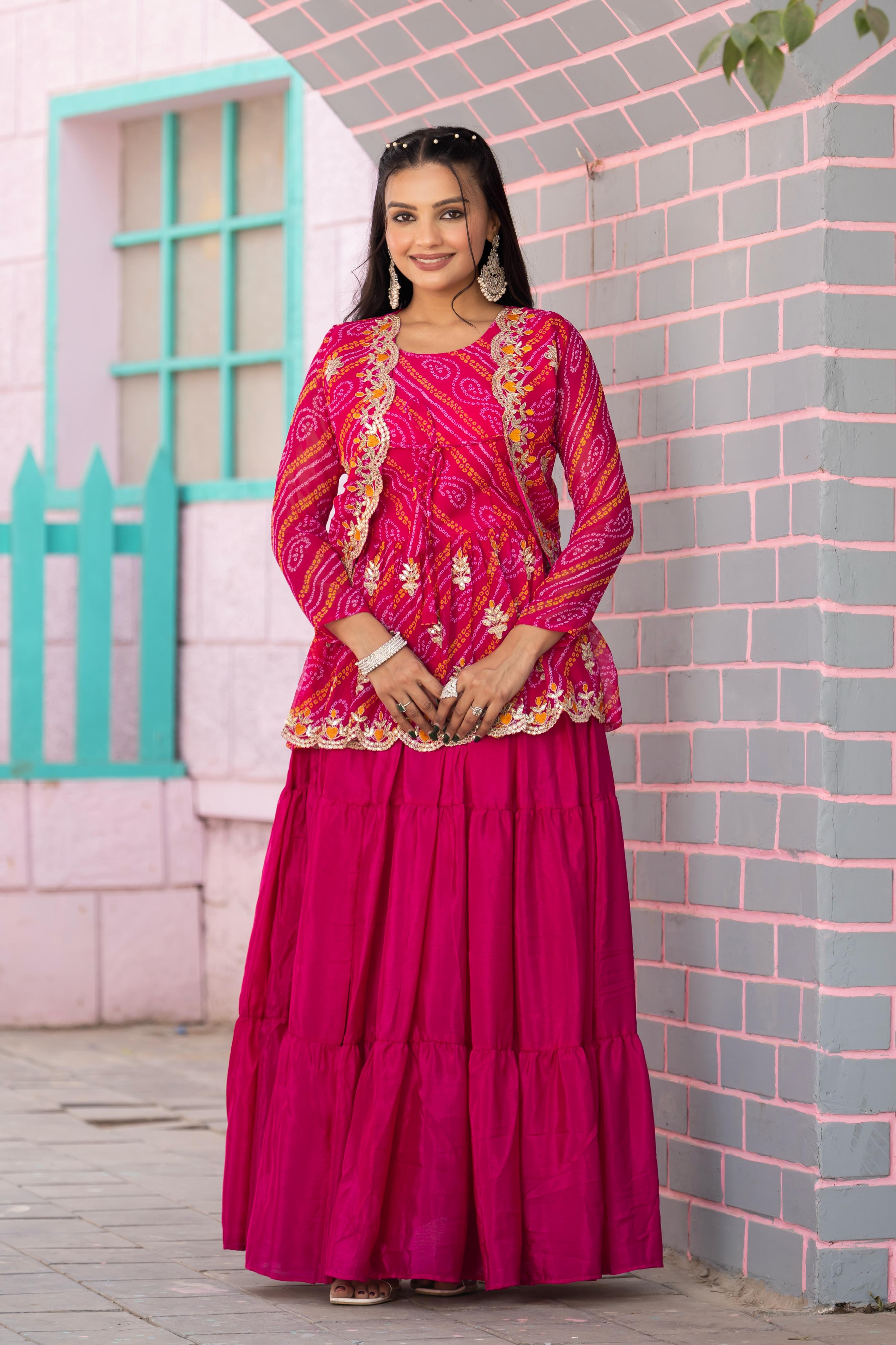 Bandhej Chinon Embroidered Lehenga Set