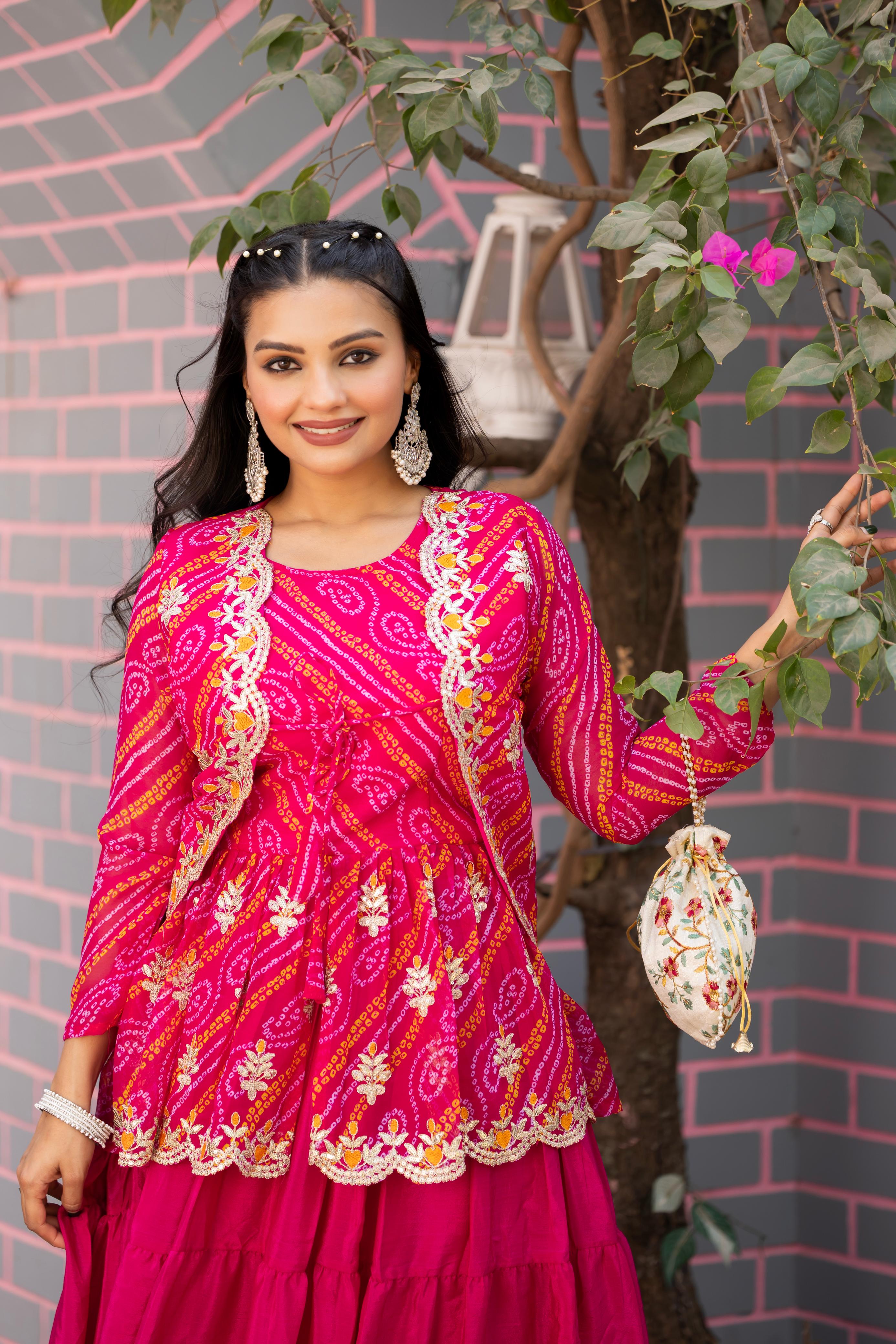 Bandhej Chinon Embroidered Lehenga Set