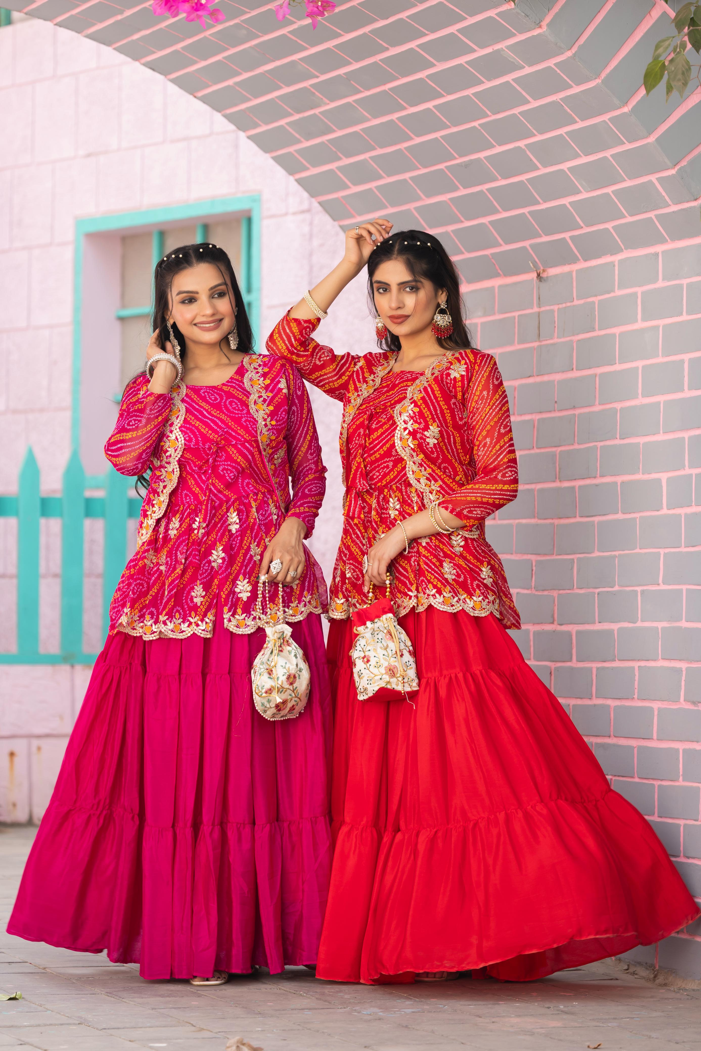 Bandhej Chinon Embroidered Lehenga Set