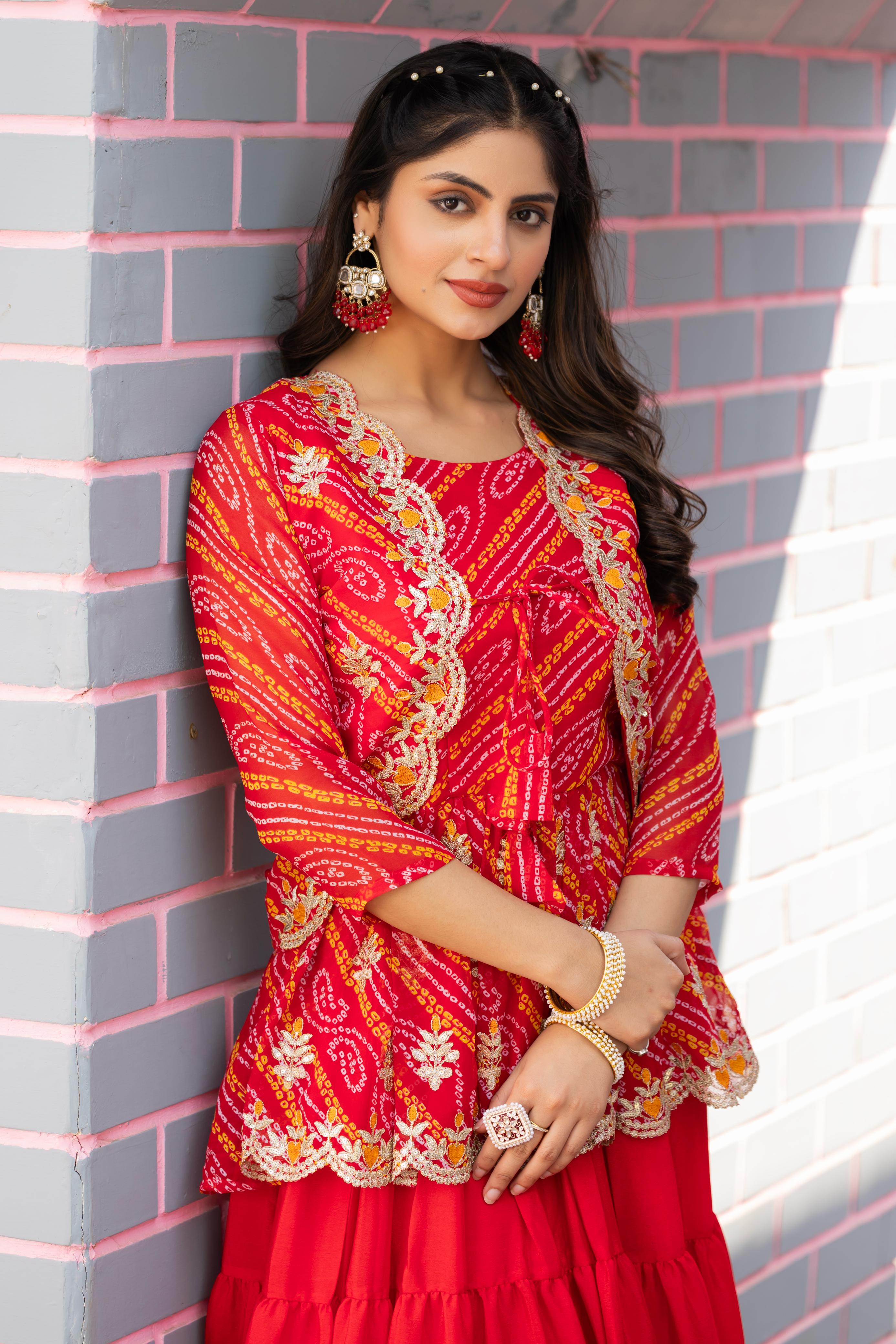 Bandhej Chinon Embroidered Lehenga Set