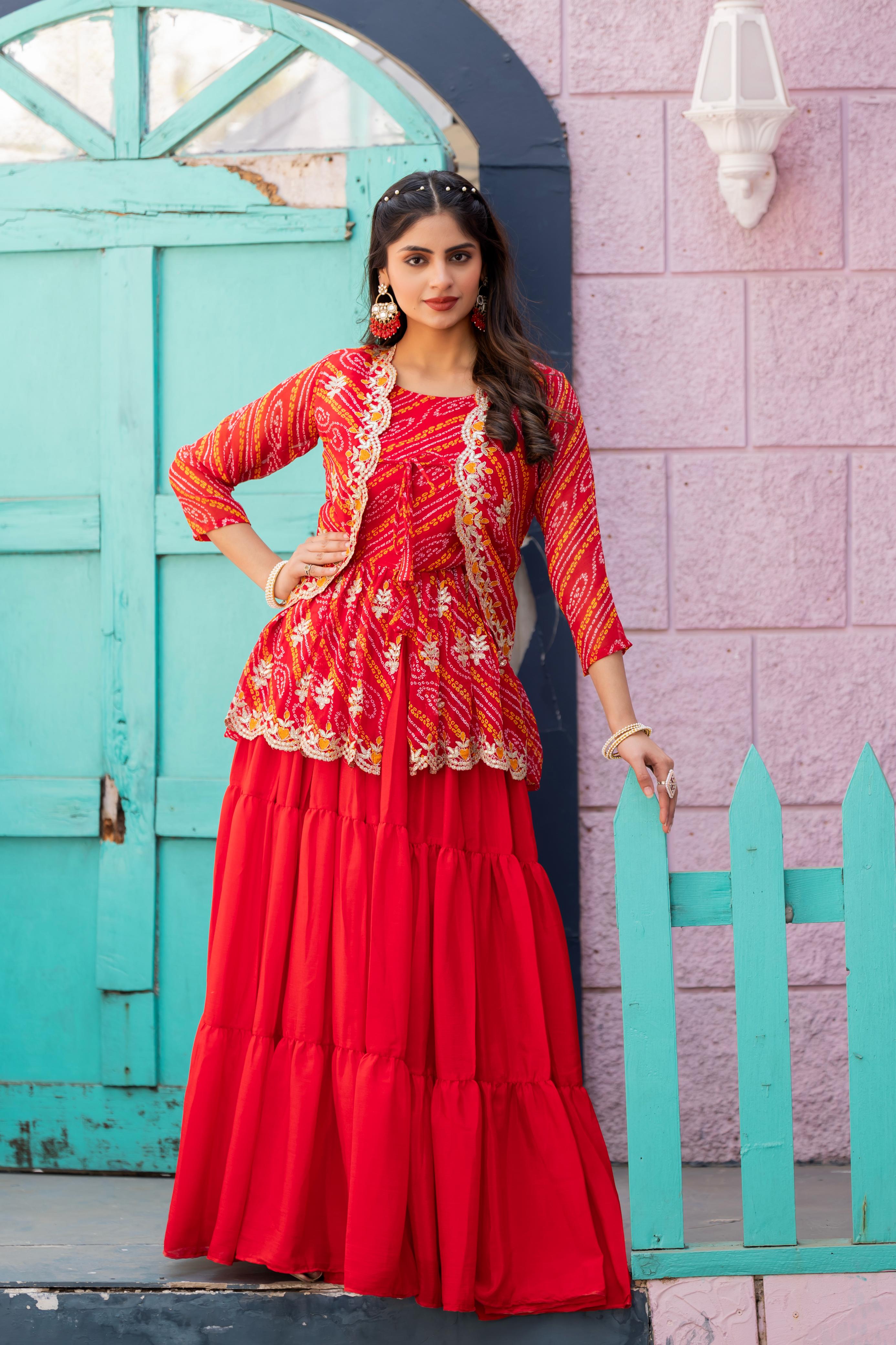 Bandhej Chinon Embroidered Lehenga Set