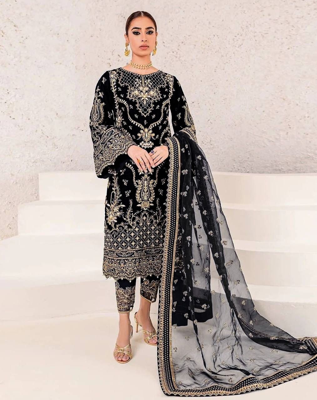 Elegant Chinon Silk Top with Butter Silk Pant & Butterfly Net Dupatta