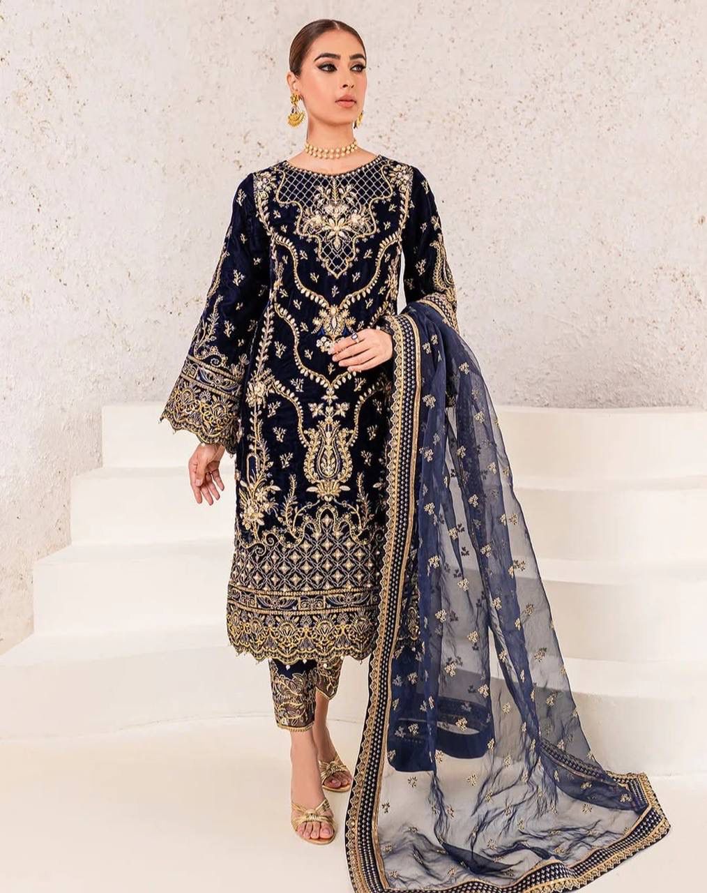 Elegant Chinon Silk Top with Butter Silk Pant & Butterfly Net Dupatta