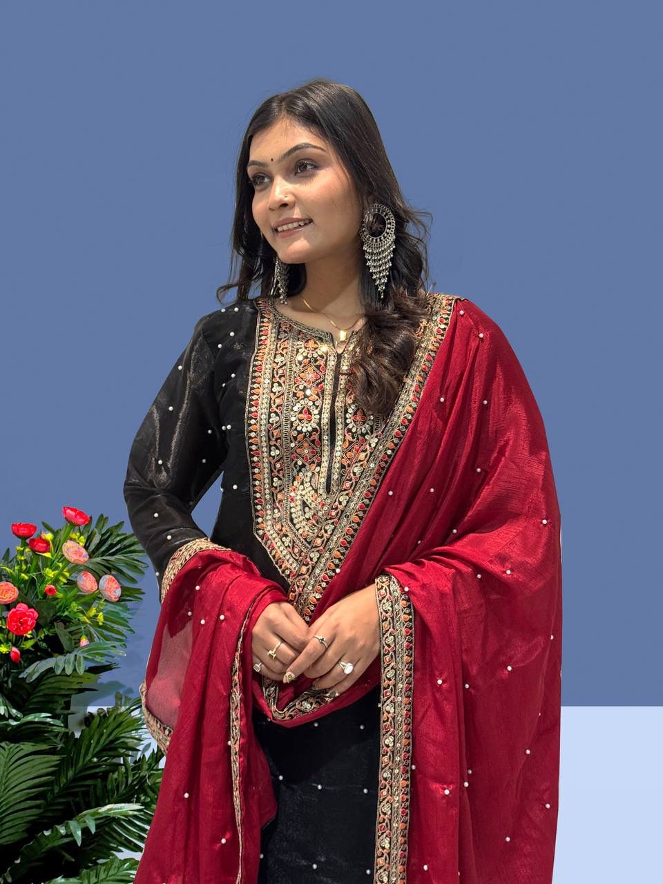 Heavy Frendy Silk Top with Pent & Chinon Silk Dupatta Set