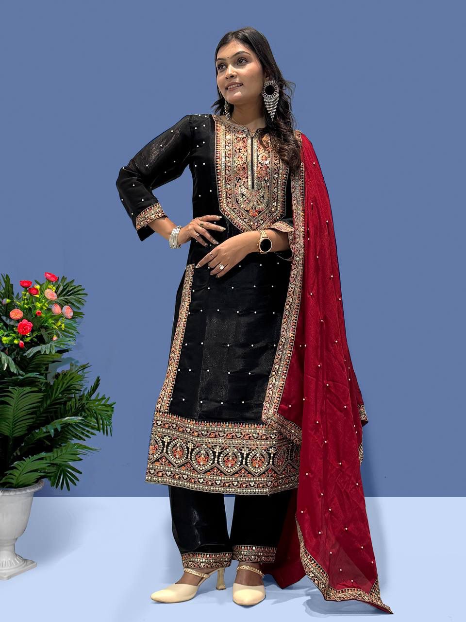 Heavy Frendy Silk Top with Pent & Chinon Silk Dupatta Set