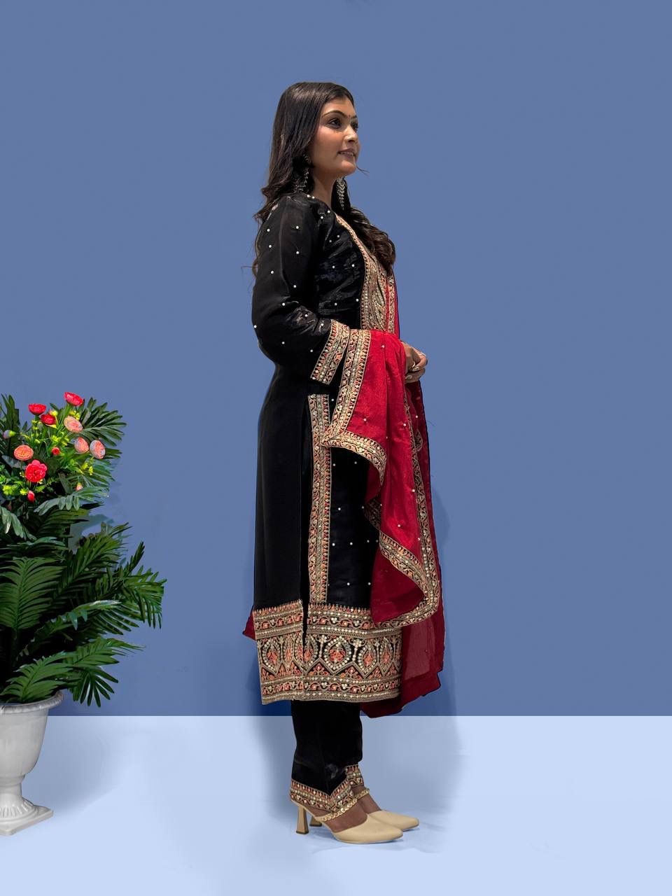 Heavy Frendy Silk Top with Pent & Chinon Silk Dupatta Set
