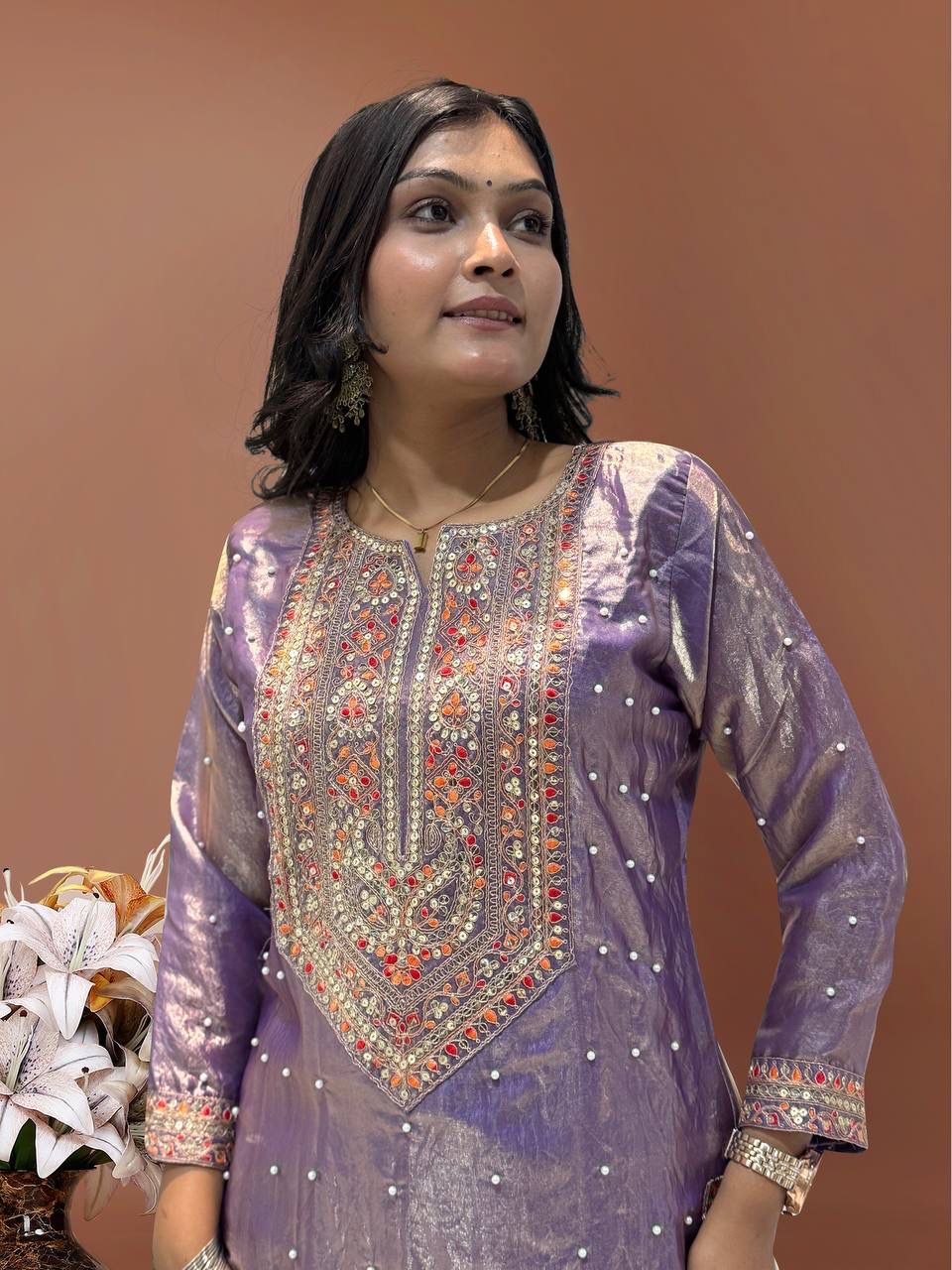 Heavy Frendy Silk Top with Pent & Chinon Silk Dupatta Set
