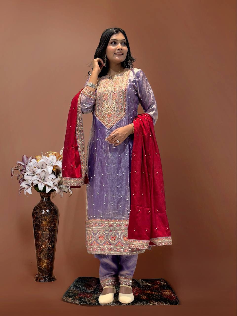 Heavy Frendy Silk Top with Pent & Chinon Silk Dupatta Set