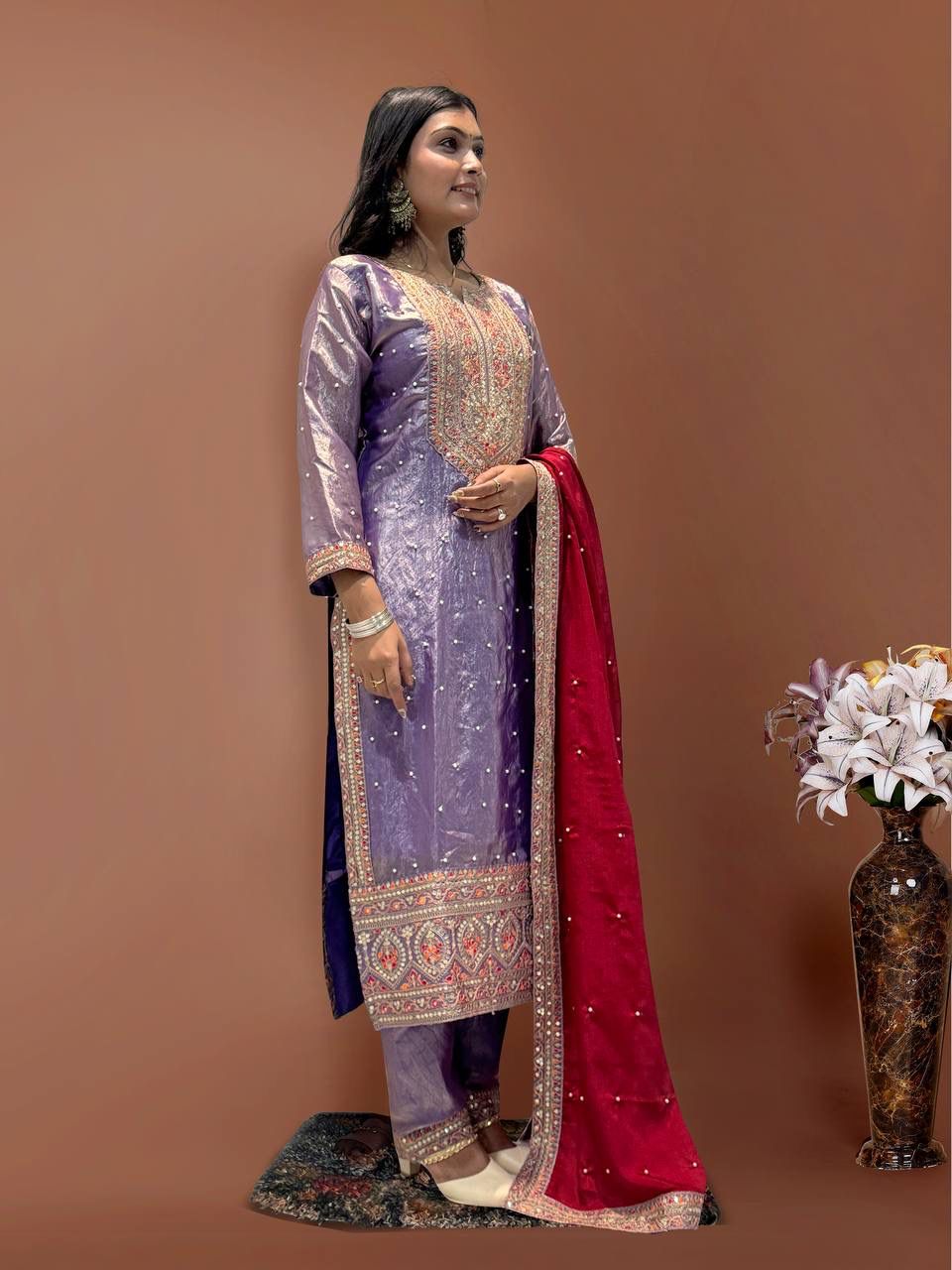 Heavy Frendy Silk Top with Pent & Chinon Silk Dupatta Set