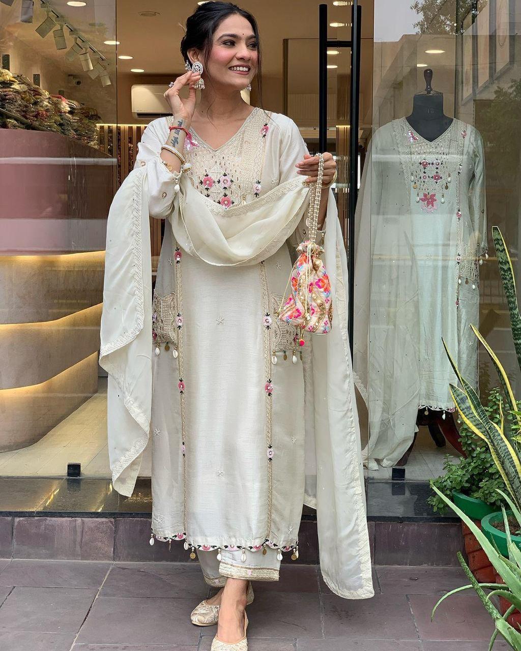 Pure Roman Silk Suit with Sequence & Cowry Embroidery