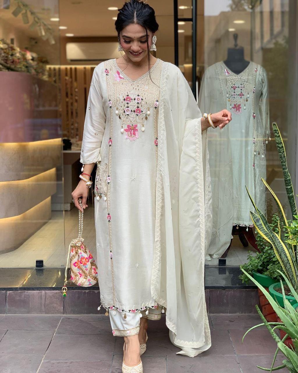 Pure Roman Silk Suit with Sequence & Cowry Embroidery