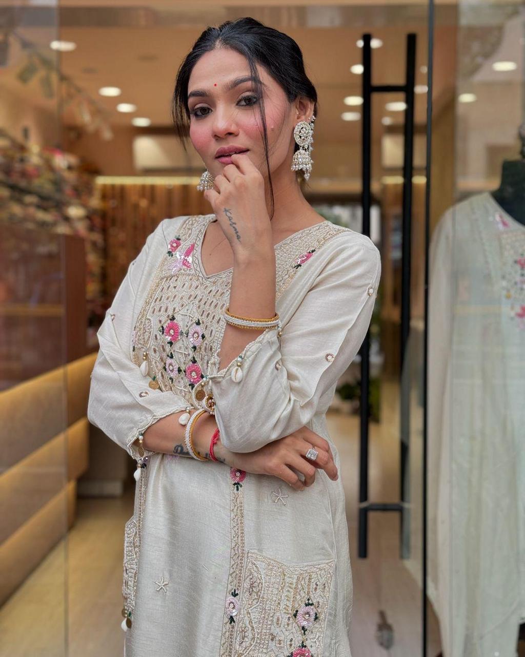 Pure Roman Silk Suit with Sequence & Cowry Embroidery