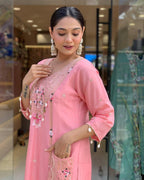 Pure Roman Silk Suit with Sequence & Cowry Embroidery