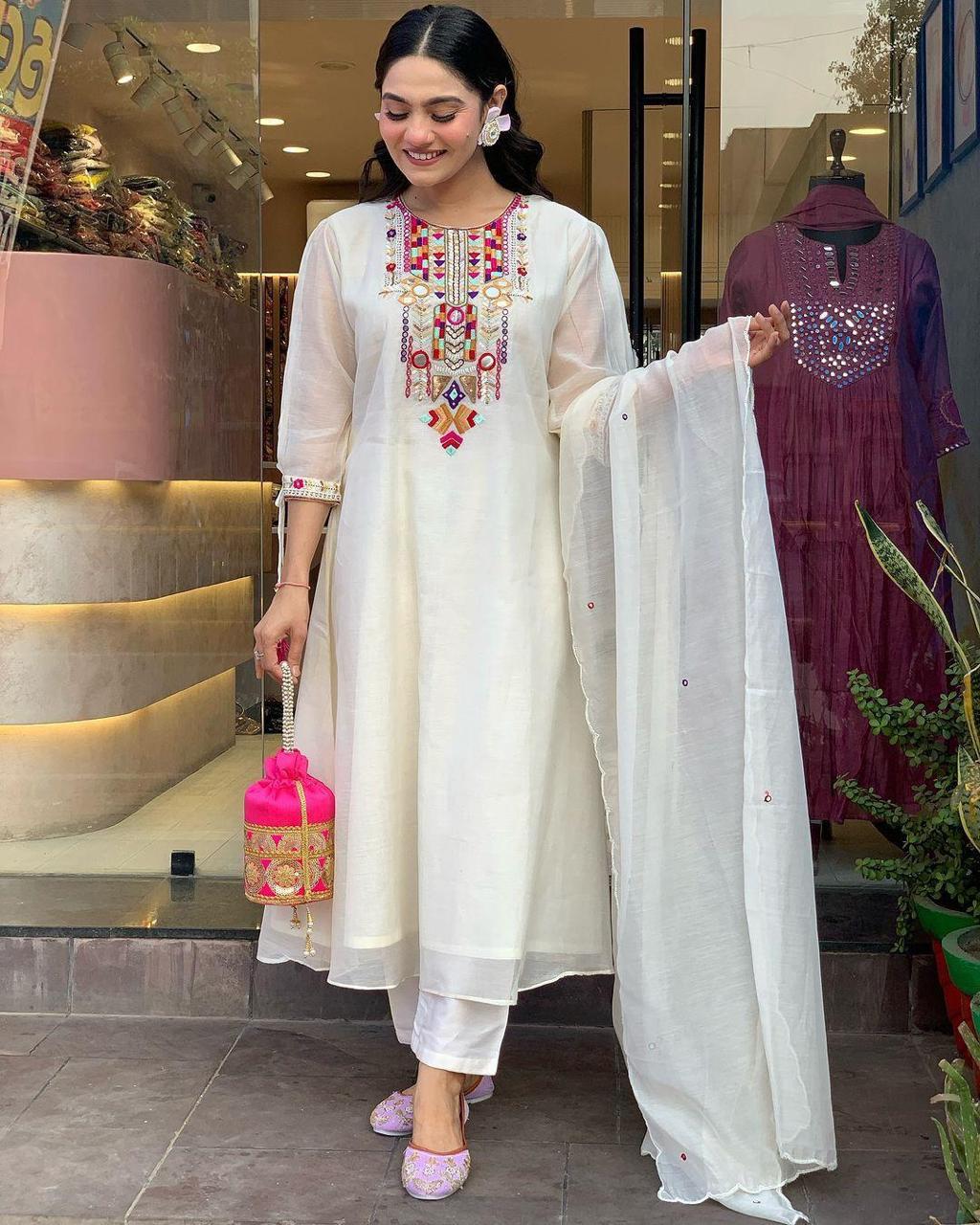 Elegant Mirror Work Chanderi Suit